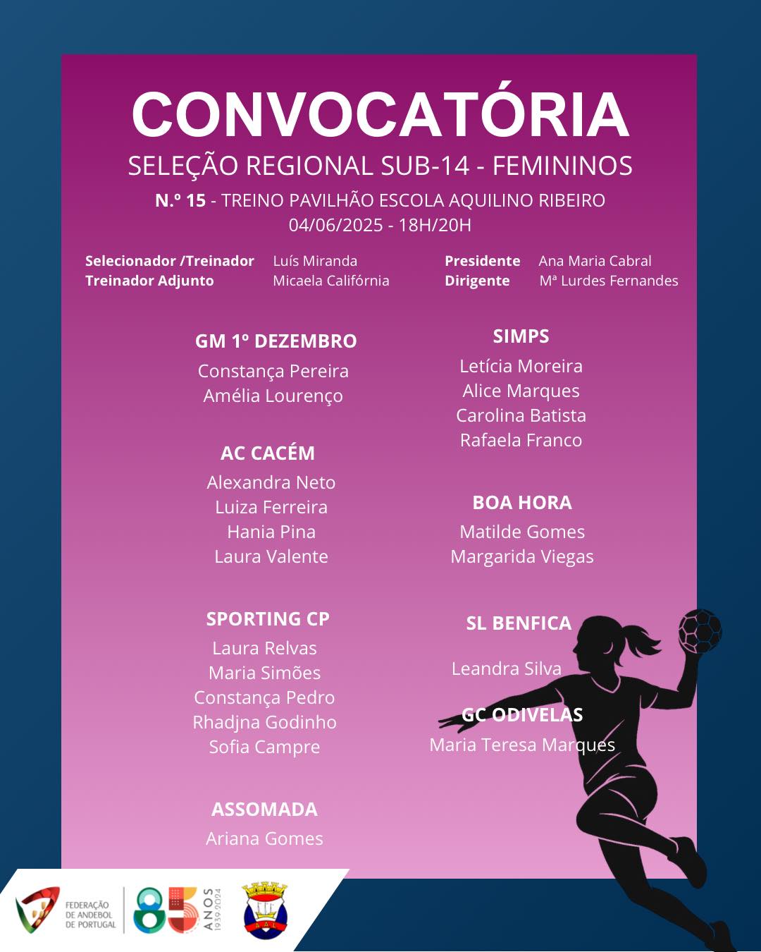 Convocatória n.º 15 SRLx Sub 14 Fem 04 06 2025 Grupo Final